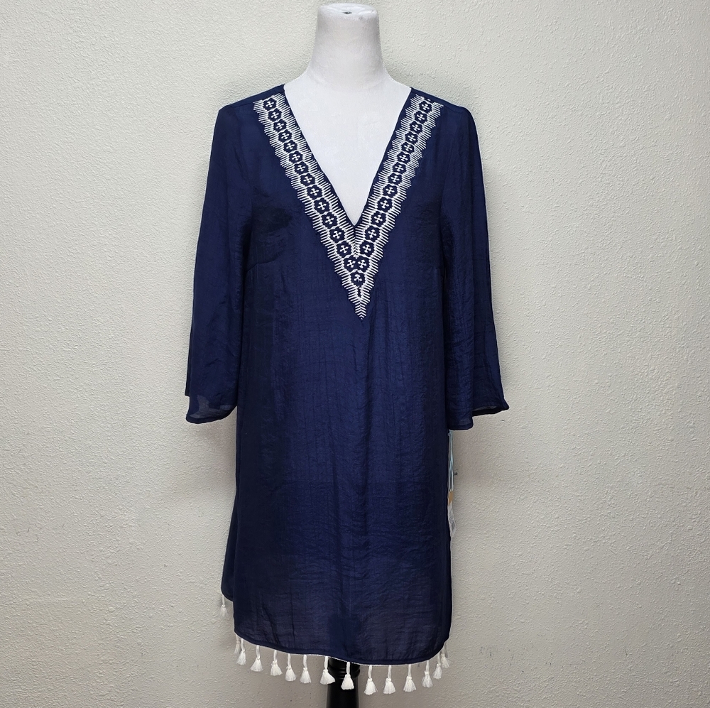 KONA SOL Navy Blue Tunic with White Embroidery Size Medium Boho Bohemiam Coverup